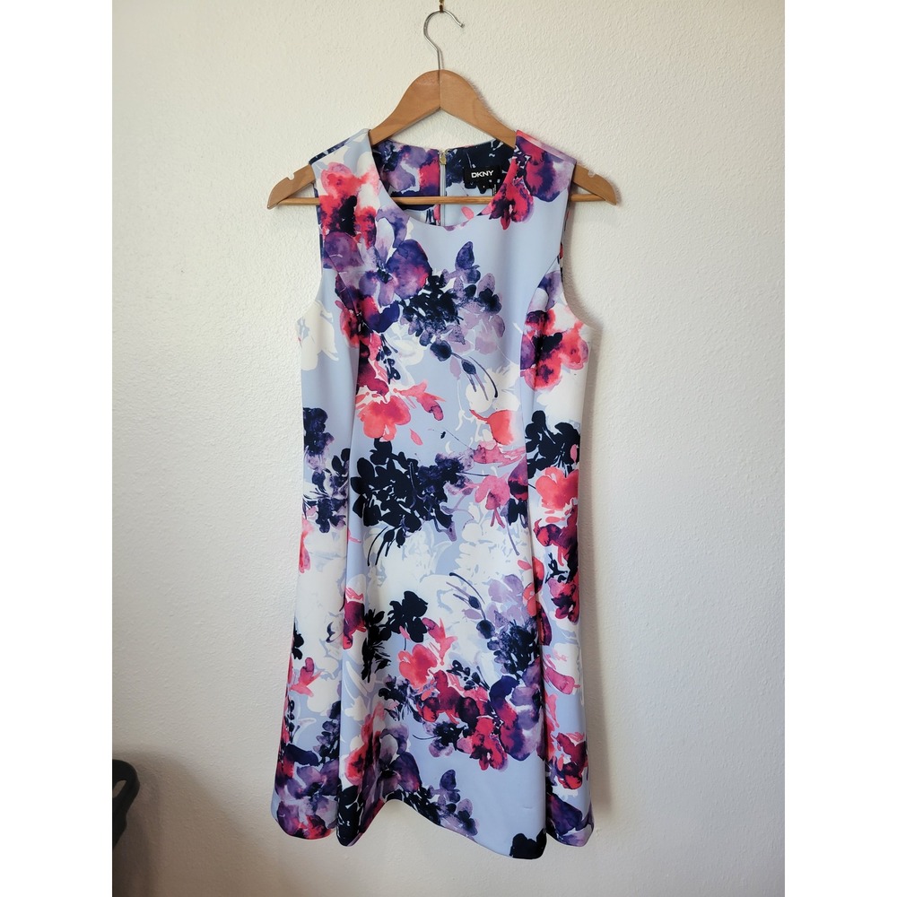 DKNY Floral Sleeveless Fit & Flare Scuba Dress Size 8 Blue Pink Purple